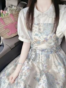 Pháp Họa Tiết In Đầm Ngắn Nữ Búp Bê Mùa Hè Cổ Áo Áo Blouse Lớp Quần Yếm Bộ Ngắn Cỡ Lớn Bộ Đồ Hai Mảnh