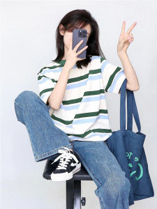 Áo Thun Cotton Tay Ngắn Kẻ Sọc Phong Cách Hàn Quốc Mùa Hè Cho Nữ Dáng Rộng Thoải Mái Cho Học Sinh Áo Phông Cổ Tròn