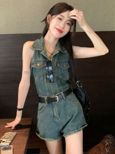 Retro American Denim Quần Yếm Treo Cổ Nữ Bộ Hai Mảnh Thời Trang Mùa Hè Cao Cấp Vòng Eo Ngắn Quần Cotton Vải Bông Phong Cách Bảo Hộ Lao Động