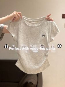 Embroidered Pleated Slimming Bow Tie Short Sleeve T-Shirt