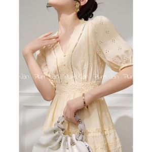 PlumJan | Lace Hollow Waist-Cinching French V-Neck Puff Sleeve A-Line Dress