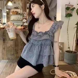 Áo Sơ Mi Kẻ Caro Cổ Vuông Rộng Rãi Mùa Hè Mới Cho Nữ Tay Ngắn Viền Bèo Nhún Cổ Chữ a Chống Tia UV