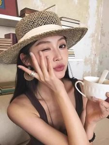 BILLI ZILLY | French Vintage Straw Hat Women Summer Beach Vacation Sun Protection Woven Hollow Out Casual Style Round Top Wide Brim Cap