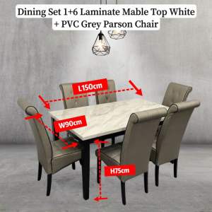 EWJ M3660 Laminate White Mable Dining Table+02-PU Grey Parson Chair Dining Set 1+6 / Laminate Mable Meja Makan 6seater Murah Cantik Morden Set Makan