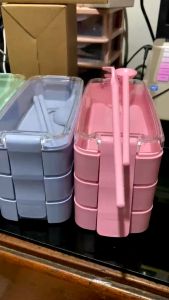 Lunch Box Jerami Warna 3 Tingkat 900ML BPA Free Kotak Makan Jerami Include Sendok Sumpit Garpu dan Box