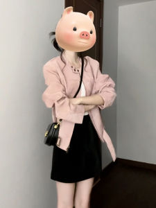 Spring Pink Short Jacket Womens Outerwear Korean Style Chic Top Flower Ceremony Polyester Fiber Long Sleeve round Neck Zipper