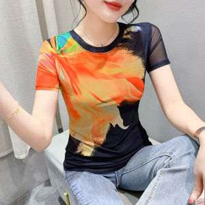 YIMEI 2024 Summer Fashion Guangzhou Short sleeved Gauze Mesh Womens T-shirt Positioning Printed Short sleeved Slim Fit Large Round Neck Top Elastic