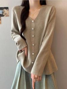 plus Size Womens Fashionable V-Neck Knitted Dress Loose Slimming Overhead Sweater Skirt Korean Style Casual Long Sleeve