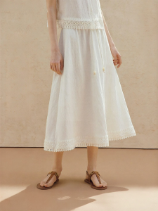 INMAN | Linen Lyocell Half Skirt Lace Embroidery Beaded Drawstring