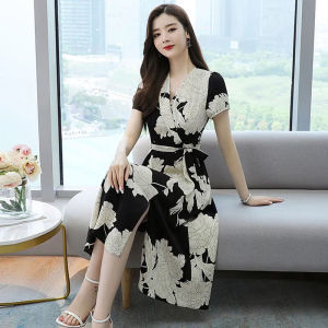 Floral dress womens Korean style fat classy loose thin V-neck midi skirt short sleeve trendy dress Plus size skirt