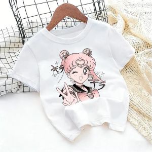 Bandai | Sailor Moon Anime Girls T-shirt Cotton Cute Cartoon Printed Kids T-shirt Casual Short Sleeve Trend Tops Tee Y2k Summer New