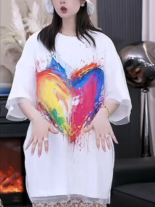 Summer New Womens Loose Fit round Neck Print Short Sleeve T-Shirt mid Length Fashionable Korean Style Top Trendy Clothing