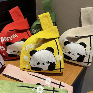 Hand Knitted Panda Tote Bag Wristlet Handbag Small Carryall Soft Polyester Fabric Chinese Style Casual Fashion Handbag