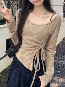 เสื้อคอตั้งแขนยาวทรงเข้ารูปสไตล์เกาหลีสำหรับผู้หญิง ทรงเข้ารูป ดีไซน์ไม่สมมาตร กระโปรงสั้น แขนยาว สีพื้น