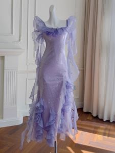 ชุดเดรสยาวสายเดี่ยวประดับเลื่อมสีม่วงอ่อนหรูหรา ชุดราตรีผู้หญิง ชุดนางฟ้า ชุดยาว ชุดราตรี ชุดเดรสยาว ชุดราตรี