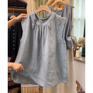 เสื้อยืดแขนกุดสไตล์วินเทจลำลองสำหรับผู้หญิง ทรงหลวม ปกกลม ระบายอากาศได้ดี โพลีเอสเตอร์ ฤดูร้อน 2025 เสื้อยืดแขนกุดแบบสวมหัว