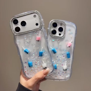 3DMilk Tea Bottle Phone Case Wavy Clear TPU Bling Rhinestone Camera Frame Girly Cover For iPhone 17 16 15 14 13 Pro Max