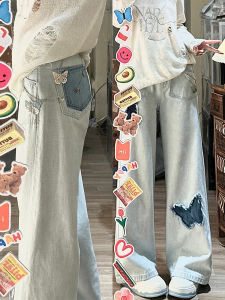 High Waist Straight Leg Wide Leg Pants Butterfly Splicing Design Loose Fit Blue Denim Womens plus Size Spring Autumn Jeans