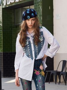 เสื้อเชิ้ตผู้หญิงทรงหลวมสไตล์ยุโรปฤดูใบไม้ร่วง/ฤดูหนาวปักคริสตัลดอกไม้ผสมผ้าเดนิมรูปหัวใจ X17776 ดีไซเนอร์ระดับไฮเอนด์