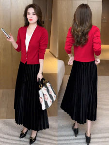 Fashionable Splice Knitted Dress Womens Mid-Length Spring New Style Slimming A-Line Dress Elegant Atmosphere Long Sleeve V-Neck