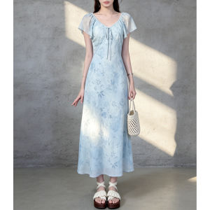 PIAOYA | V-Neck Flower Print Tie Waist Slimming Chiffon Maxi Dress