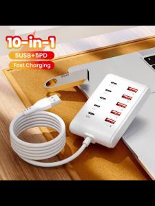 Sạc USB 10 Cổng Với 5USB+5PD Bộ Sạc Tường Đa Cổng Type-C Cáp 1M Adapter QC3.0 Dành Cho iPhone Samsung Xiaomi Sạc Nhanh Cục Sạc Đa Năng