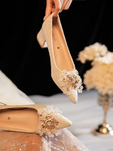 Elegant French Wedding Dress Two-Way Bride Shoes Silver Crystal High Heels Chunky Heel Single Shoes for Women Fashionable Bridal Footwear