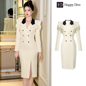 Happy Diva เดรสผู้หญิง เดรสสีครีม เดรสแขนยาว เดรสสูท เดรสทำงาน เดรสไฮโซ เดรสวินเทจ เดรสออกงาน เดรสปาร์ตี้ ชุดราตรี 61092
