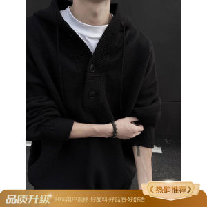 Gray Hooded Knitted Sweater Mens Thick Winter Inner Wear American Casual Style Heavyweight Sweatshirt Jacket for Teens