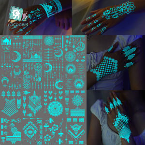 รอยสักลายดอกไม้เฮนน่าเรืองแสงในที่มืดแบบเซ็กซี่ลายชนเผ่า 2 ชิ้น สีฟ้า สำหรับผู้หญิงและเด็กผู้หญิง