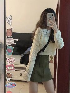 Summer Thin Long Sleeve Knitted Sweater Womens Outerwear Short Style Hollow Design Comfortable Fit round Neck Pullover Top