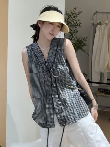 BINKAFENNY | Plus Size Womens Shirt Summer Loose Plaid Sleeveless V-neck Korean Style Belly Covering Slimming Asymmetrical Top
