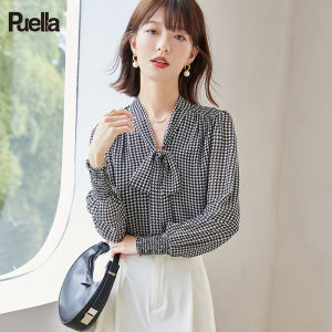 Puella | Vintage Checkered Bow Blouse French Mature Style