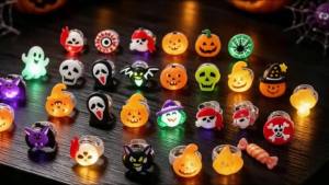 24pcs Halloween Led Light‑Up Rings Trick‑Or‑Treat Kids Party Decor Child Gifts Random Spooky Patterns Flashing Finger Rings Toys