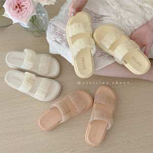 หวาน และสไตล์เทพนิยายที่อ่อนโยน ตาข่าย รองเท้าแตะแบบสวม ผู้หญิง ฤดูร้อน กลางแจ้ง กันลื่น ก้นหนาคู่ สายคล้อง รองเท้าชายหาด