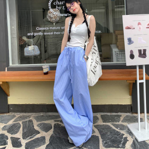 High Waist Wide Leg Pants Womens Summer Loose Slimming Casual Drapey Floor-Length Trousers Korean Striped Blue Lazy Style