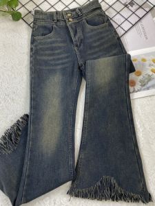 Retro Tassel Flared Jeans High Waist Slimming Denim Womens Winter Fleece Lined Warm Elasticity Unique INS Long Pants