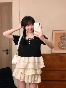 Elegant Double Layer Ruffle Lace Short Sleeve Slim Fit T-Shirt Womens Button up Square Neck Fake Two-Piece Top Summer Cotton