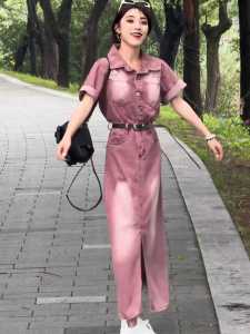 Retro Anti-Aging ดีไซน์ ผ่าชาย เดนิม เดรส ผู้หญิง ฤดูร้อน สไตล์ฮ่องกง สง่างาม พรางหุ่น เอว ปกโปโล กระโปรงรัดรูป