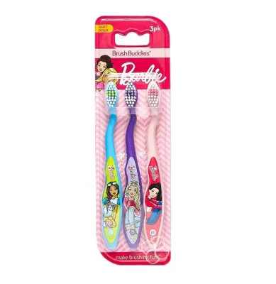 Barbie Brush Buddies Soft Toothbrushes 3-Pack with Barbie Illustrations in Blue Purple Pink Handles for Fun Brushing Experience