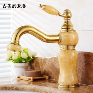 Copper Archaistic Faucet Hot and Cold European Golden Basin Faucet Single Hole Inter-Platform Basin Washbasin Jade Faucet