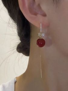 Elegant Red Bean Collar Tassel Anti-Loss Ear Wire 2025 New Style Red Color Zodiac Year Ear Jewelry Fashionable Ethnic Style
