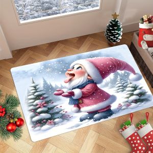 VIKAMA Christmas Theme Cartoon Floor Mat Fun Pink Father Christmas Snow Scene Entry Non-Slip Doormat Home Decoration