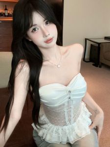 GUZILIAN |  Lace Splicing See Through Design Sleeveless Tube Top Tank Summer New Style With Chest Pad Slimming Overhead Shirt