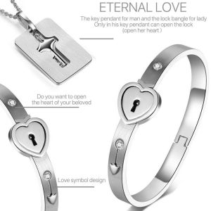 2Pcs/Set Fashion Couple Concentric Lock Silver Bracelet Necklace/Valentines Day New Gift Alloy Key Interlock Jewelry