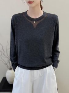 Slimming Effect Early Autumn Casual Knitted Long Sleeve round Neck Womens Base Shirt Shoulder Diamond Pure Color Top