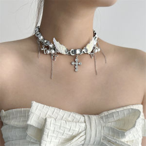 Y2K หวาน Cool Silver หนัง Wings Cross สร้อยคอ ผู้หญิง Choker Clavicle Chain Aby อุปกรณ์เสริมแฟชั่นเครื่องประดับจี้