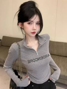 GUZILIAN | Slim Fit Short Sleeve T-Shirt Zipper Print Letter Stand Collar Base Layer Inner Wear Top For Young Women In Autumn Season