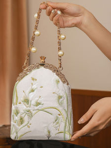 New Chinese Style Embroidered Pearl Handbag Evening Bag QiPao Chain Shoulder Small Bag Soft Satin Fabric Floral Pattern