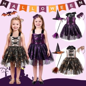 Halloween Witch Costumes for Kids Girls Mesh Dress Strap Sequin Glitter Puffy 4Pcs Outfits with Accessories in Sincere Party